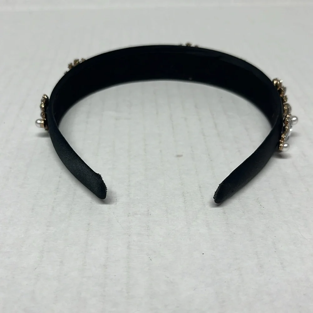 Black Satin Jeweled Embellished faux pearl rhinstones Headband coquette softgirl - Picture 5 of 8